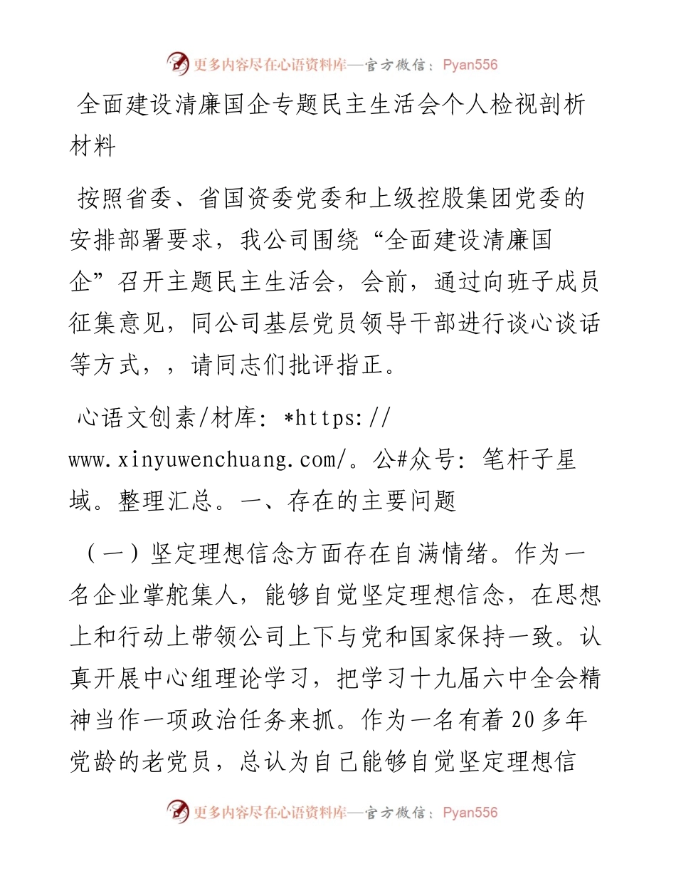 全面建设清廉国企专题民主生活会个人检视剖析材料.docx_第1页