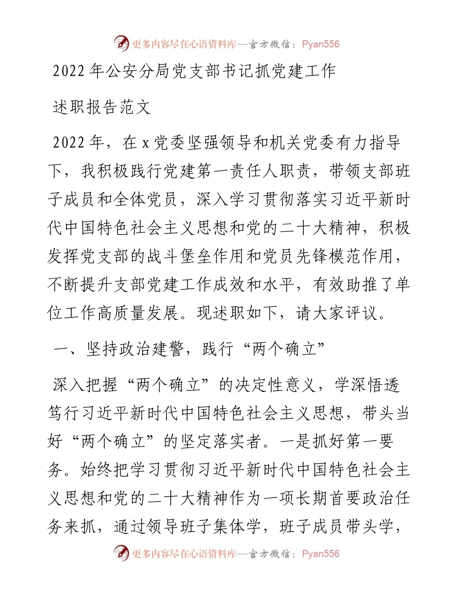 公安分局党支部书记抓党建工作述职报告.docx_第1页