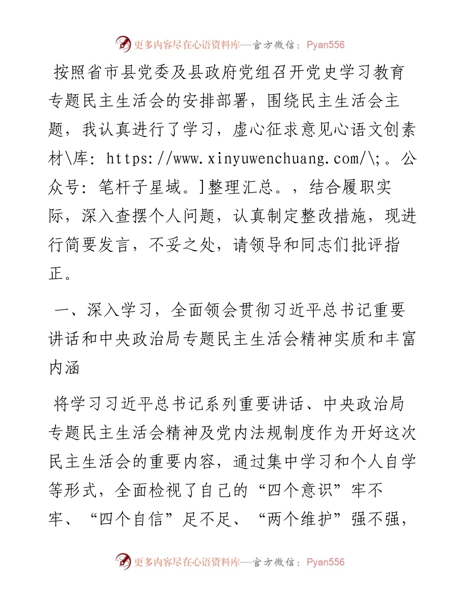 副县长党史学习教育专题民主生活会五个带头发言提纲.docx_第1页