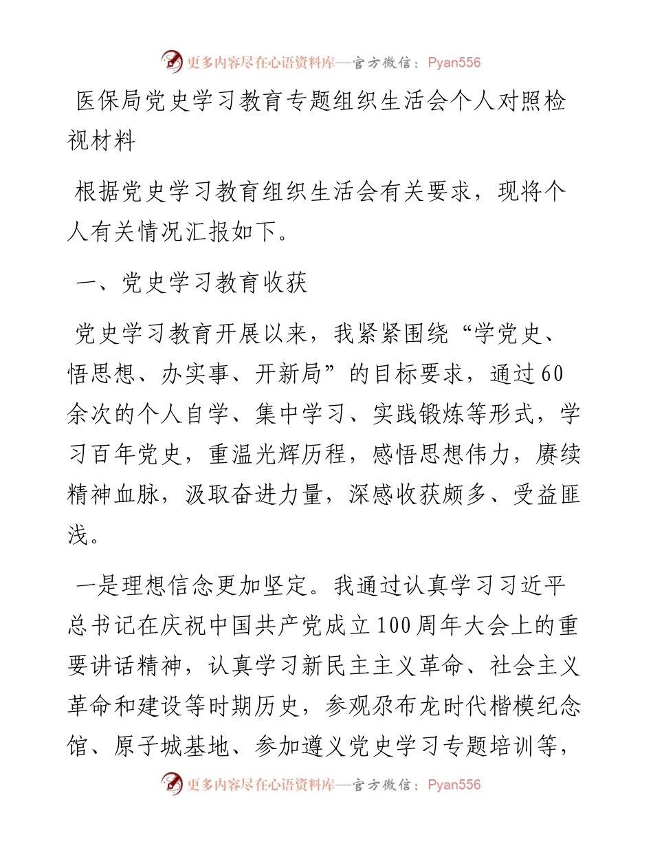 医保局党史学习教育专题组织生活会个人对照检视材料.docx_第1页
