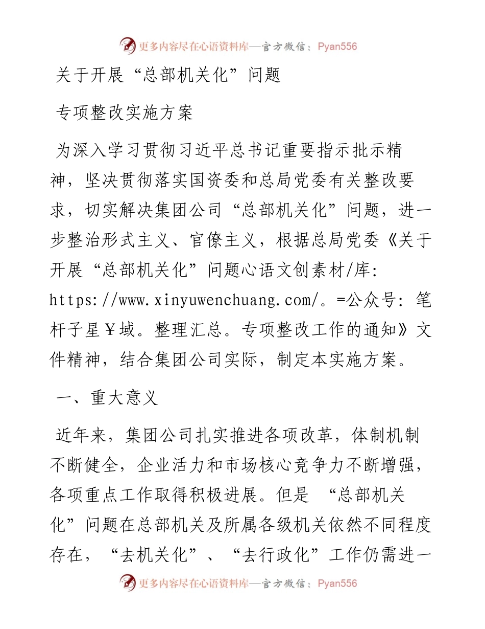 关于开展总部机关化问题专项整改实施方案.docx_第1页