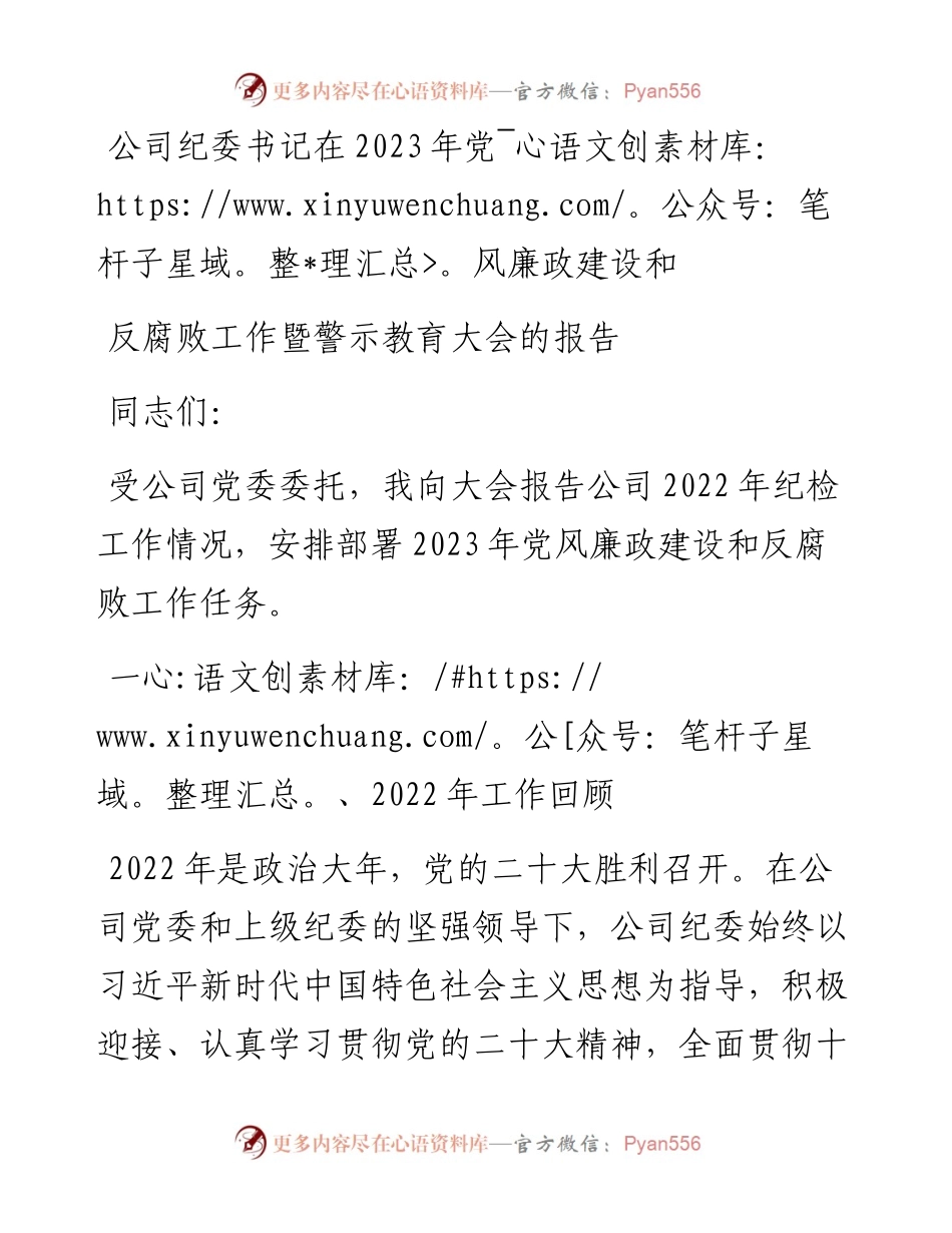 公司纪委书记在2023年党风廉政建设和反腐败工作暨警示教育大会的报告.docx_第1页