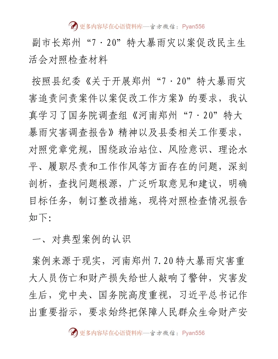 副市长郑州“7·20”特大暴雨灾以案促改民主生活会对照检查材料.docx_第1页