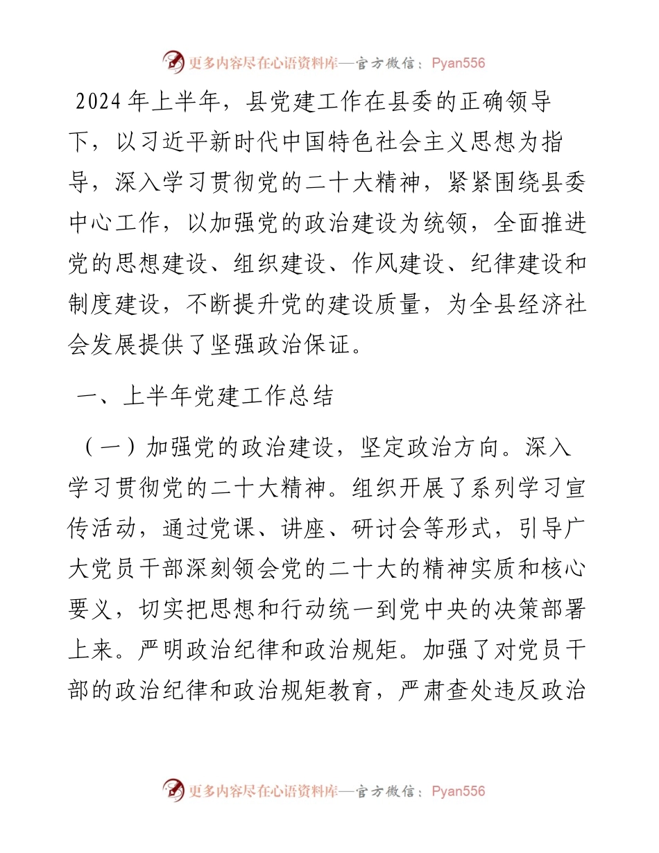 县2024年上半年党建工作总结及下半年工作计划.docx_第1页