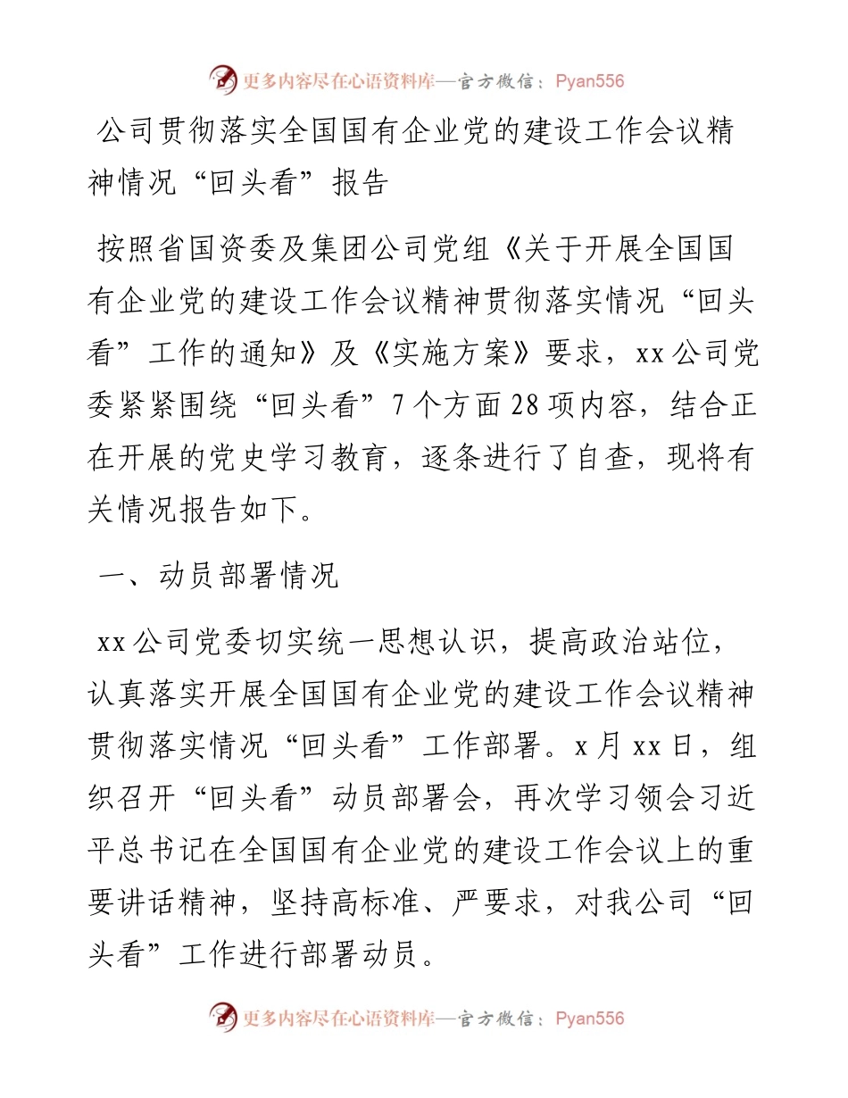 公司贯彻落实全国国有企业党的建设工作会议精神情况“回头看”报告.docx_第1页