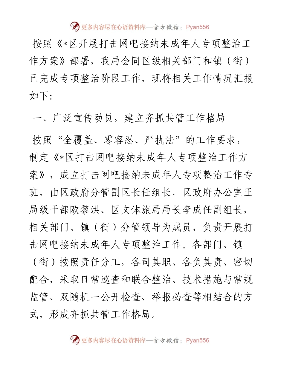 区文化体育和旅游局关于开展打击网吧接纳未成年人专项整治阶段工作的情况汇报.docx_第1页