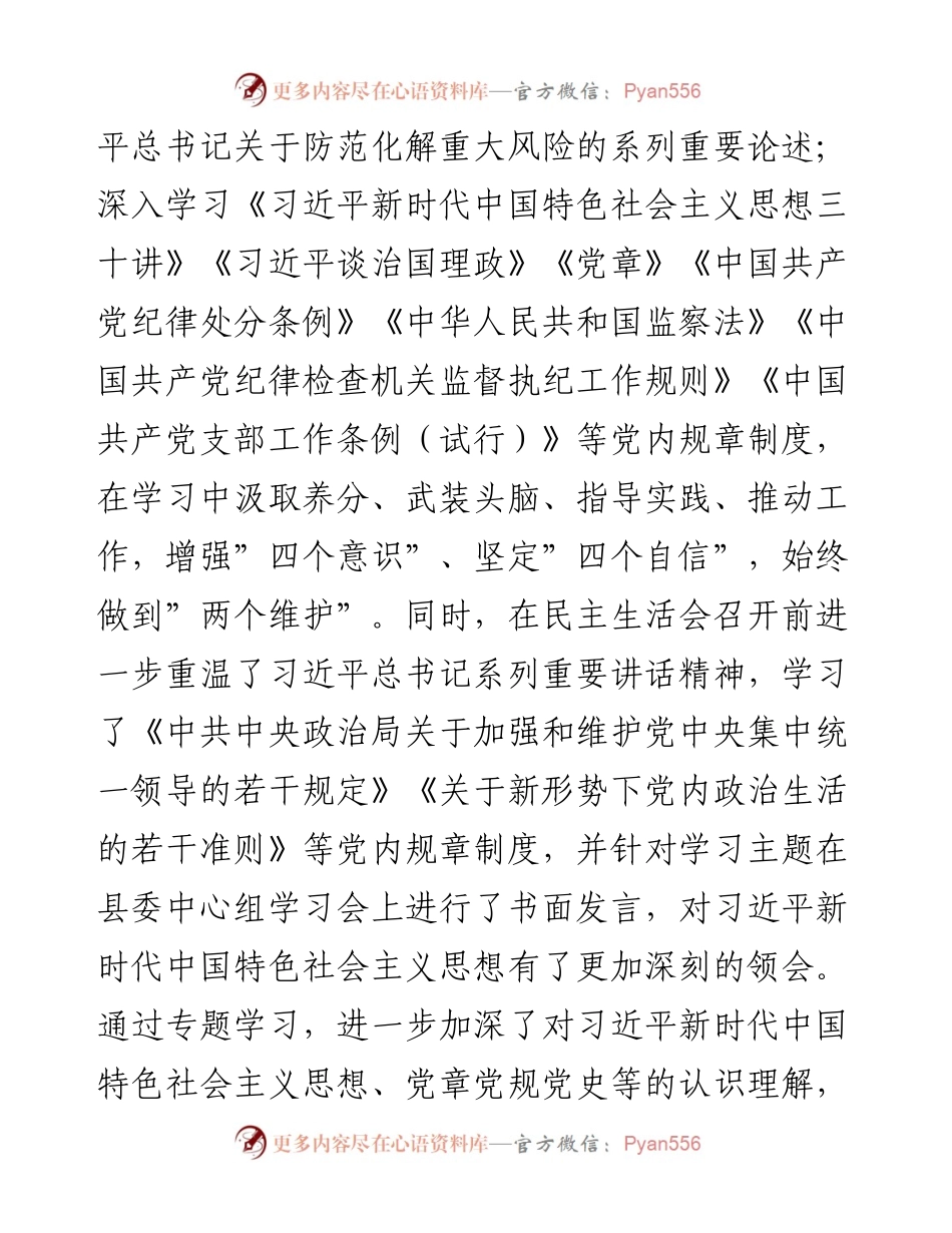 县委书记“防风险、守底线”专题会议个人对照检查材料.docx_第2页