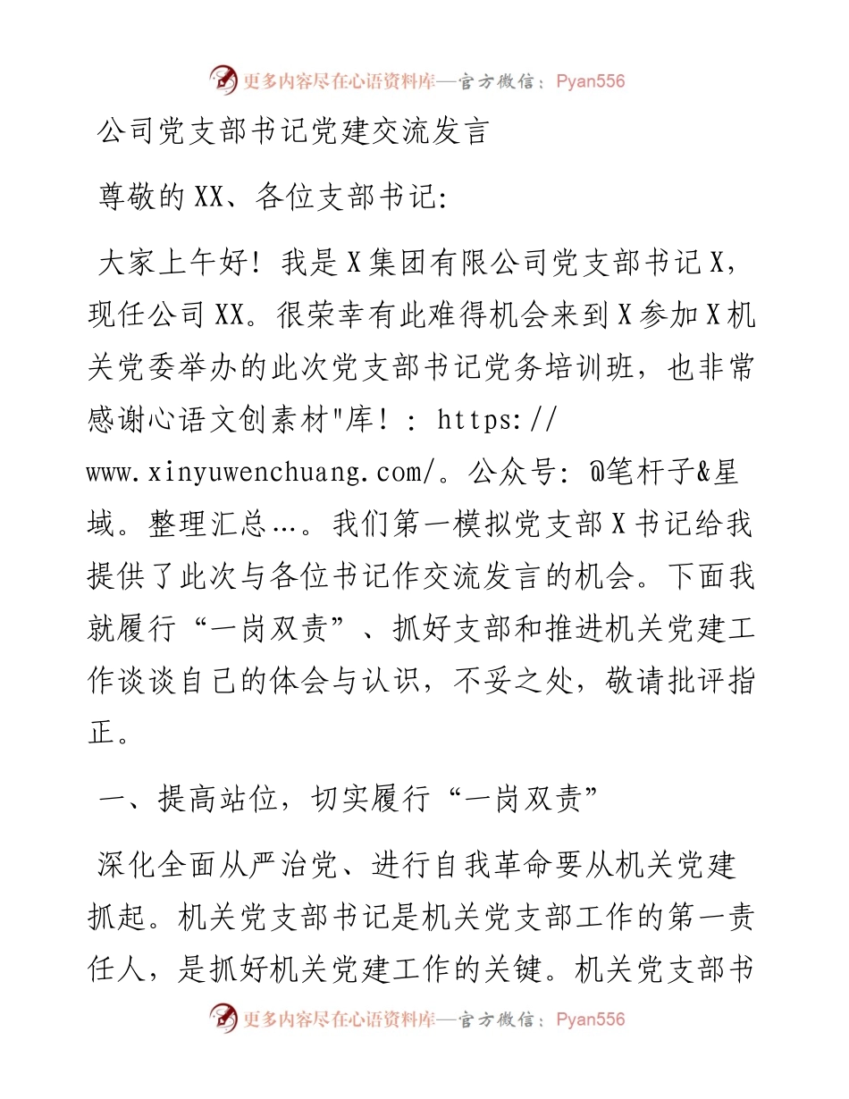公司党支部书记党建交流发言.docx_第1页