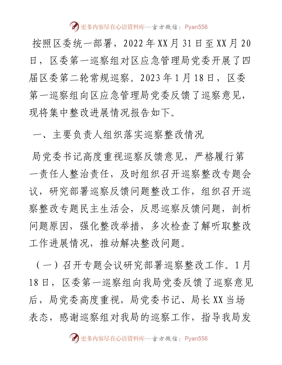 区应急管理局党委关于巡察集中整改进展情况的报告.docx_第1页