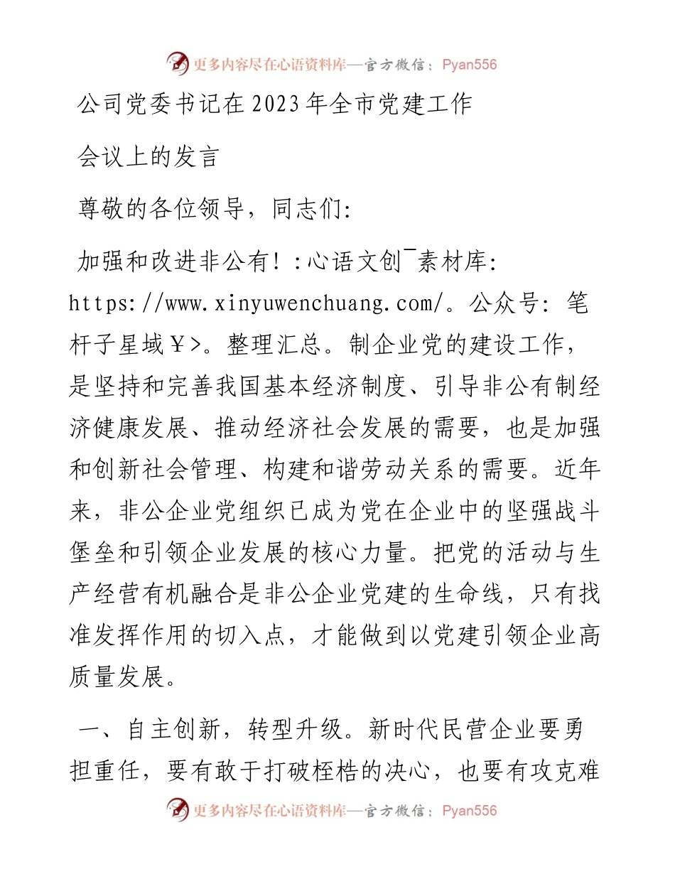 公司党委书记在2023年全市党建工作会议上的发言.docx_第1页