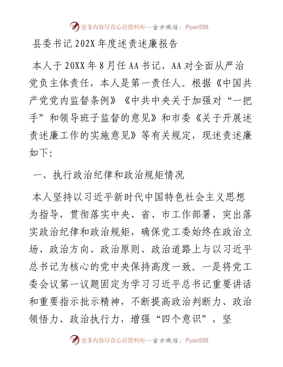 县委书记202X年度述责述廉报告.docx_第1页