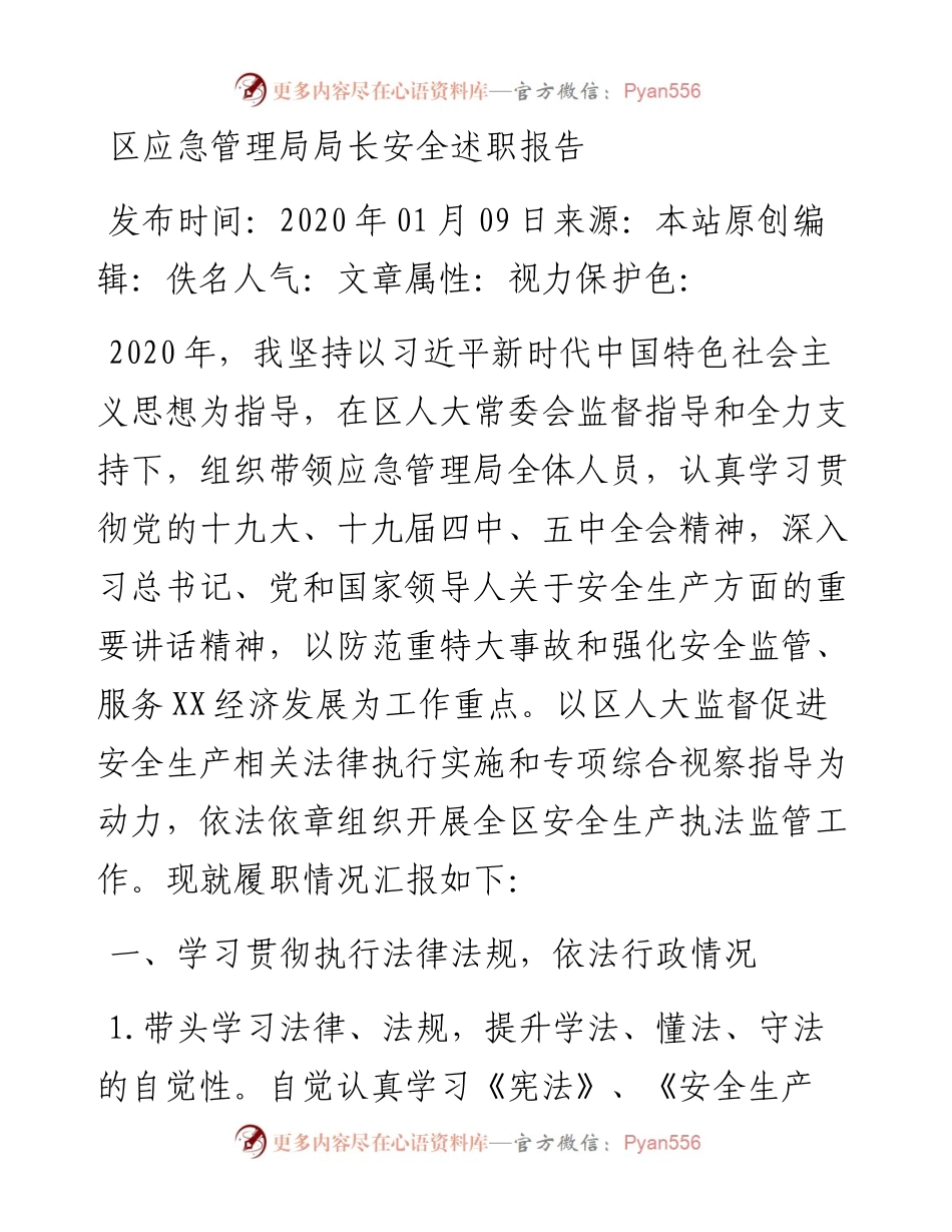 区应急管理局局长安全述职报告(1).docx_第1页