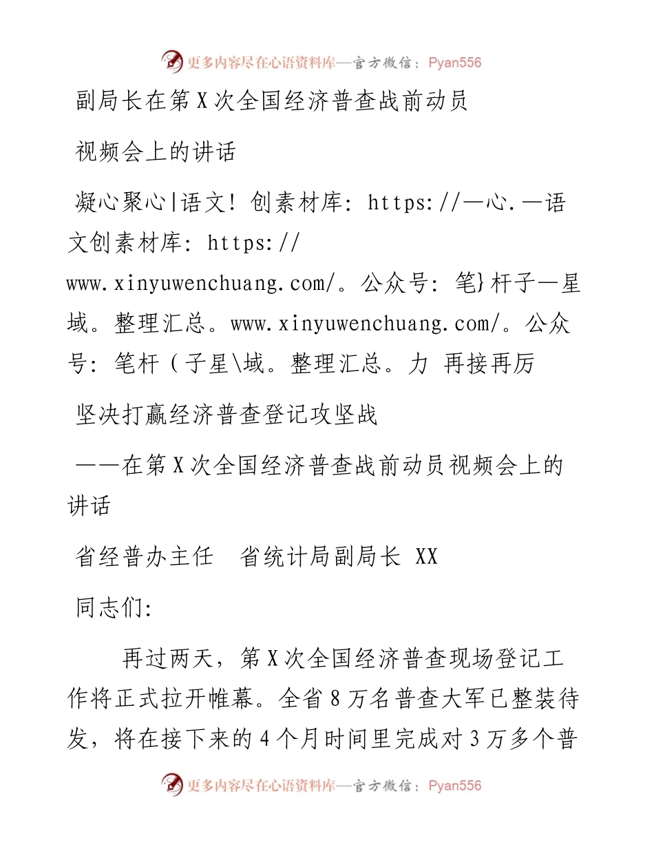 副局长在第X次全国经济普查战前动员视频会上的讲话.docx_第1页