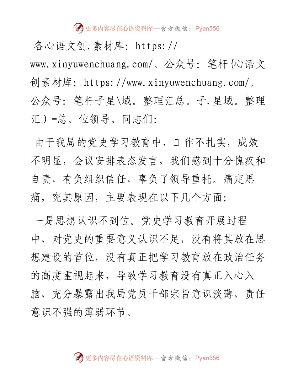 关于党史学习教育开展不力的表态发言（市农业农村局党组）.docx_第1页