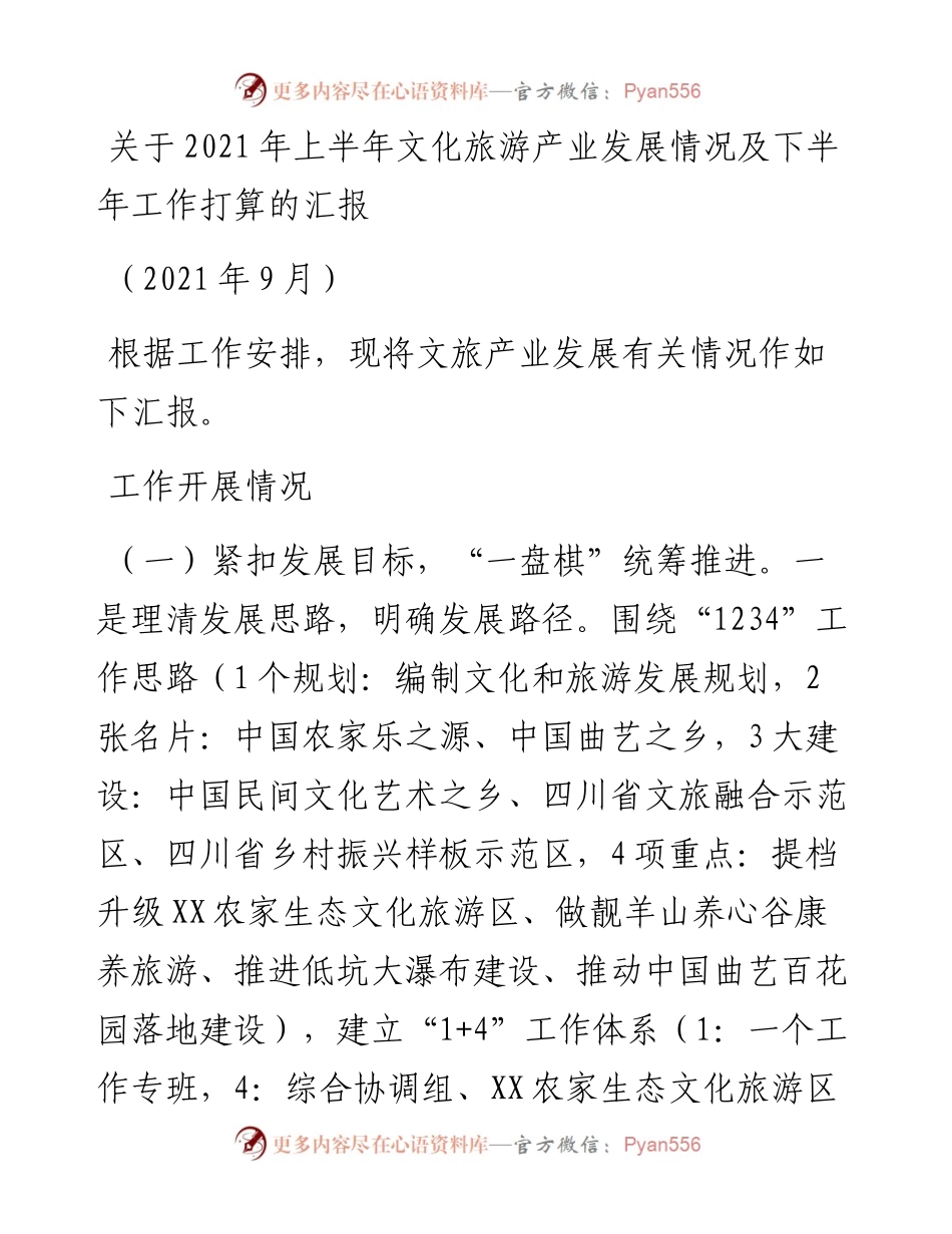 关于上半年文化旅游产业发展情况及下半年工作打算的汇报.docx_第1页