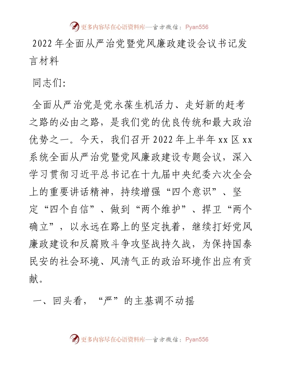 全面从严治党暨党风廉政建设会议书记发言材料.docx_第1页