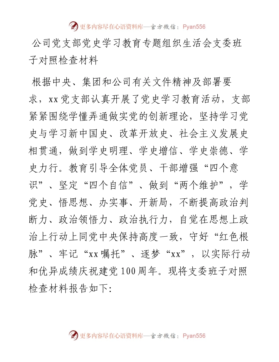 公司党支部党史学习教育专题组织生活会支委班子对照检查材料.docx_第1页