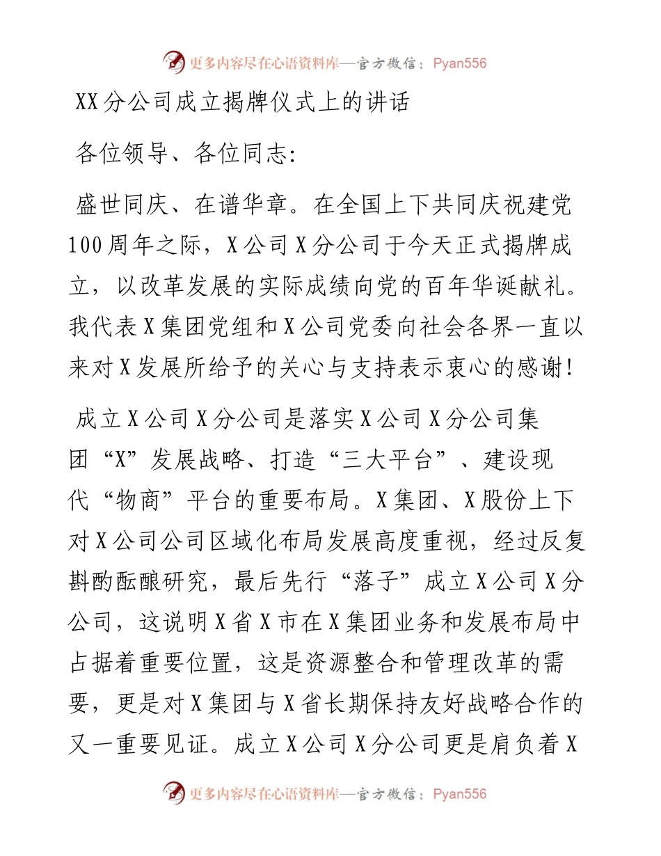分公司成立揭牌仪式上的讲话.docx_第1页