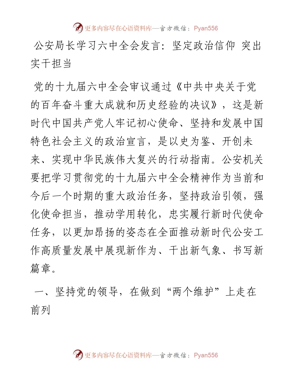 公安局长学习六中全会发言：坚定政治信仰 突出实干担当.docx_第1页