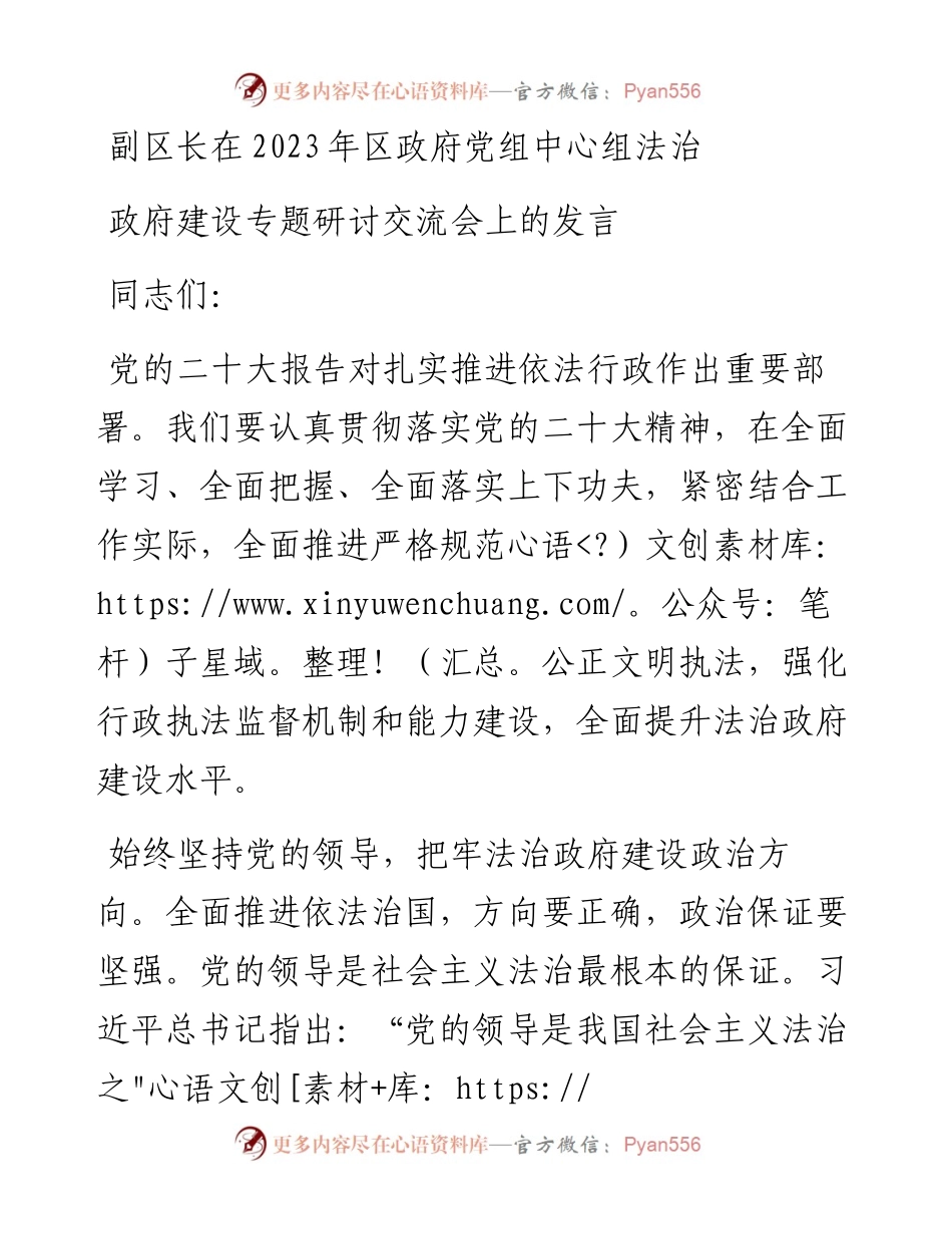 副区长在2023年区政府党组中心组法治政府建设专题研讨交流会上的发言.docx_第1页