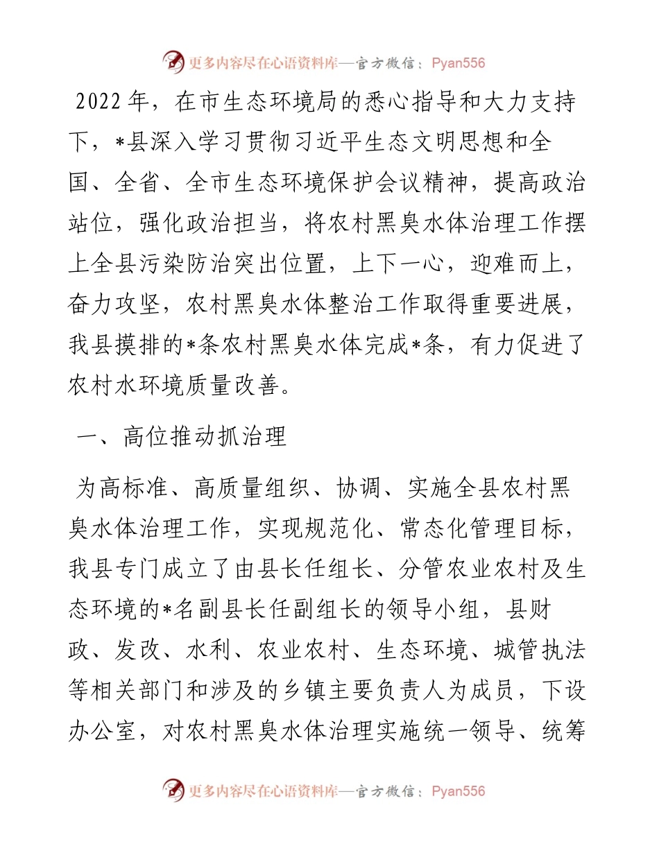 县农村黑臭水体治理情况汇报.docx_第1页