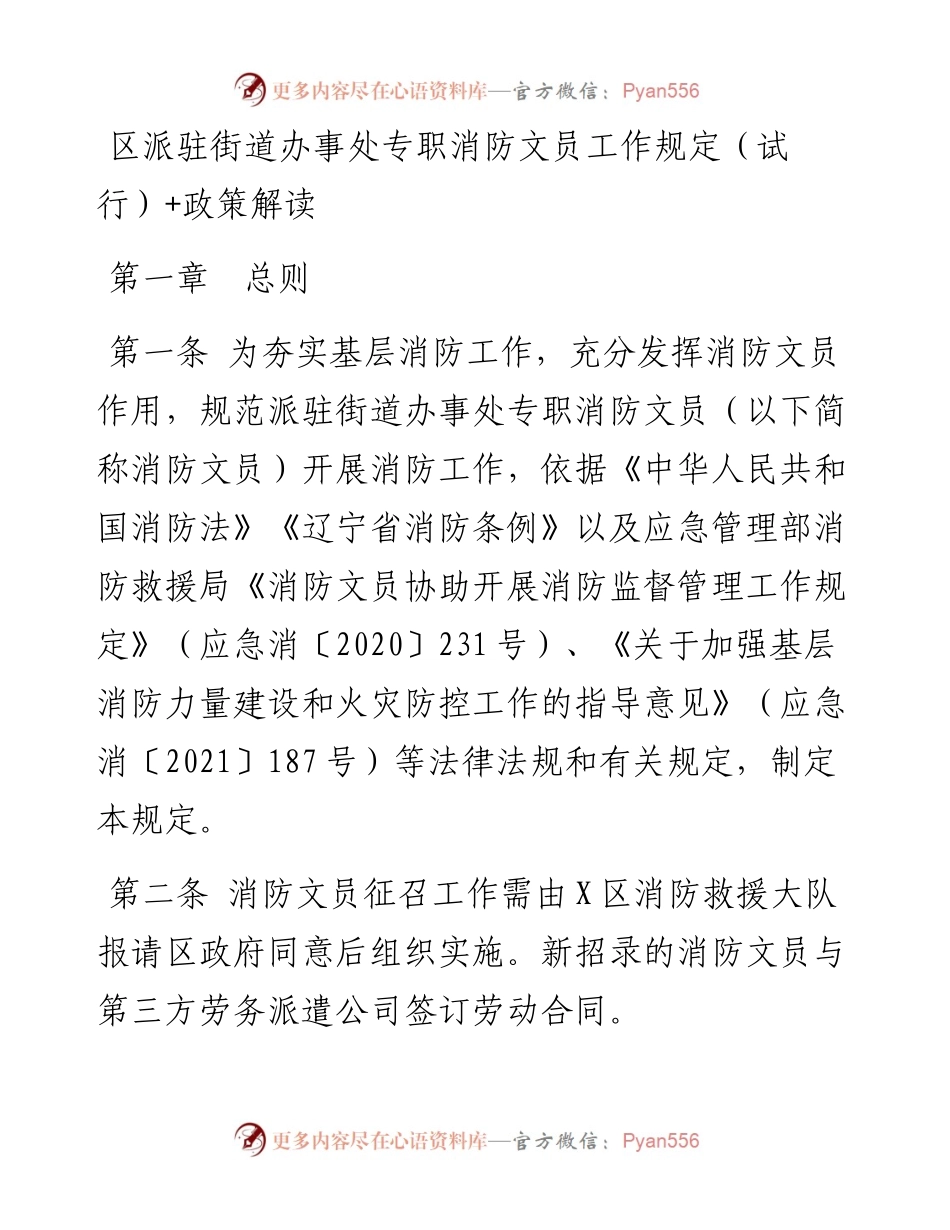 区派驻街道办事处专职消防文员工作规定（试行）+政策解读.docx_第1页
