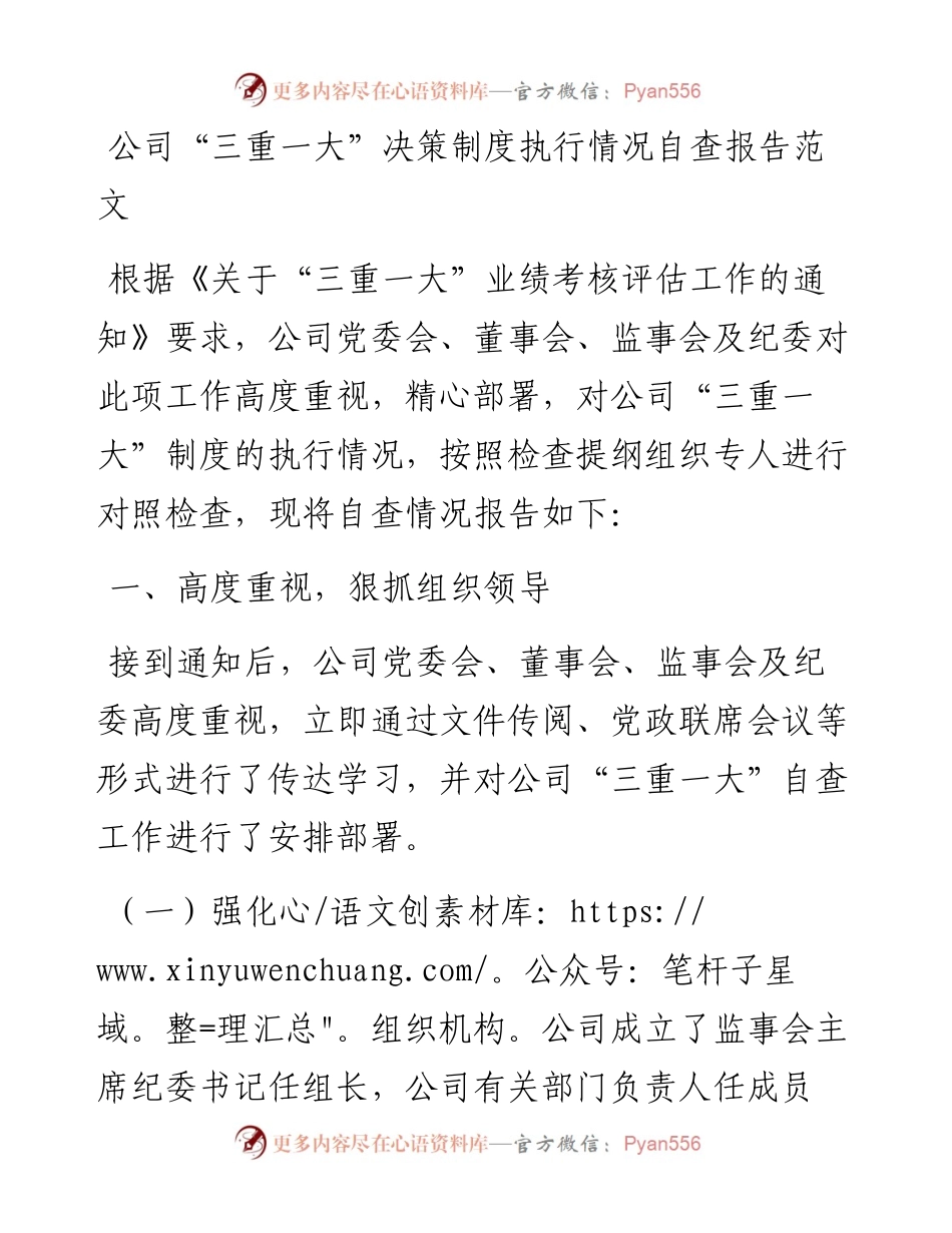 公司三重一大决策制度执行情况自查报告范文集团企业工作汇报总结.docx_第1页