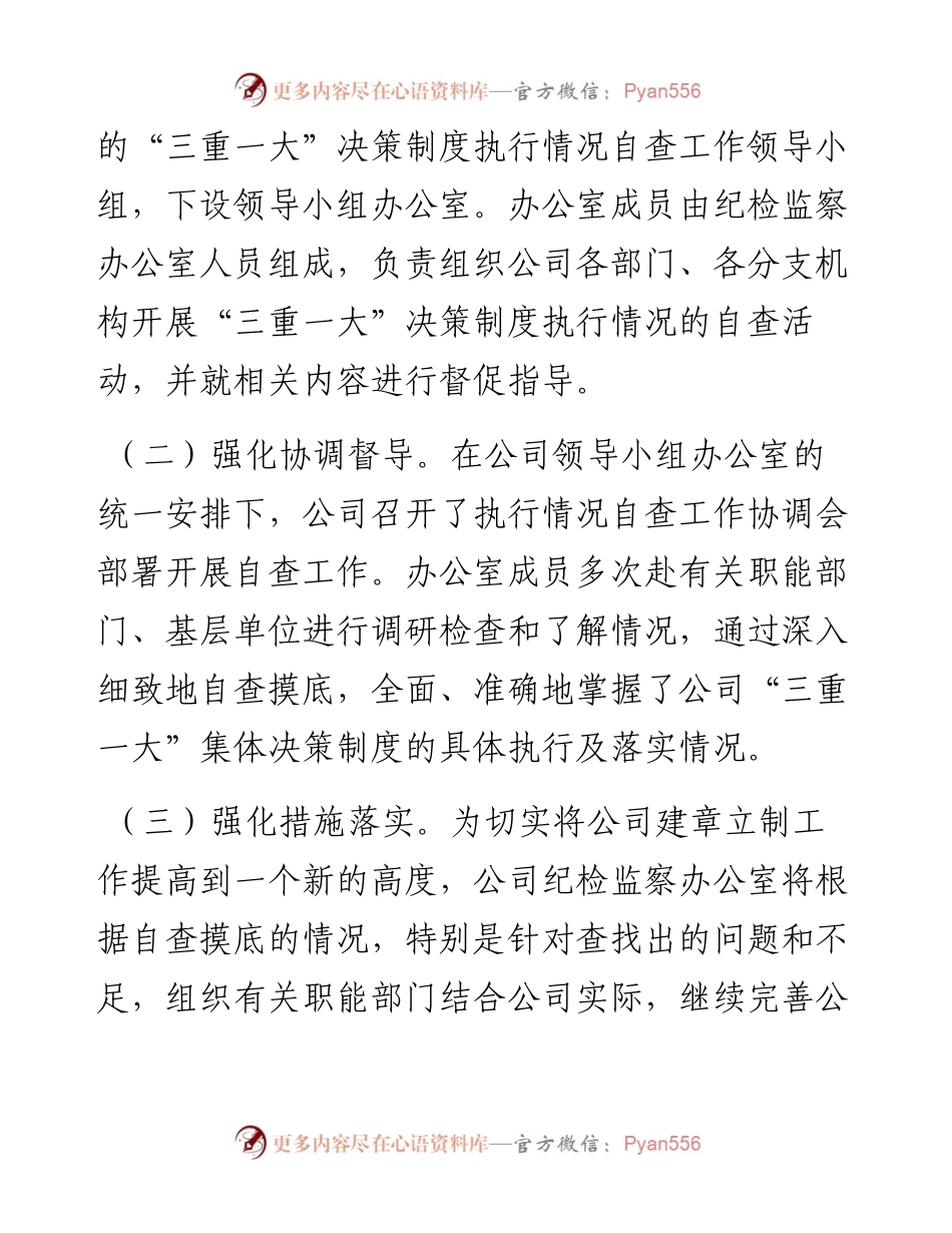 公司三重一大决策制度执行情况自查报告范文集团企业工作汇报总结.docx_第2页