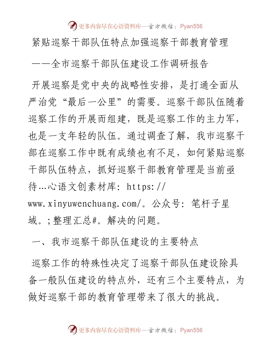 全市巡察干部队伍建设工作调研报告.docx_第1页