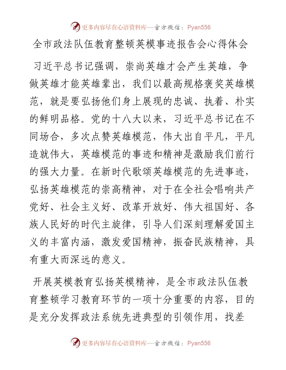 全市政法队伍教育整顿英模事迹报告会心得体会.docx_第1页