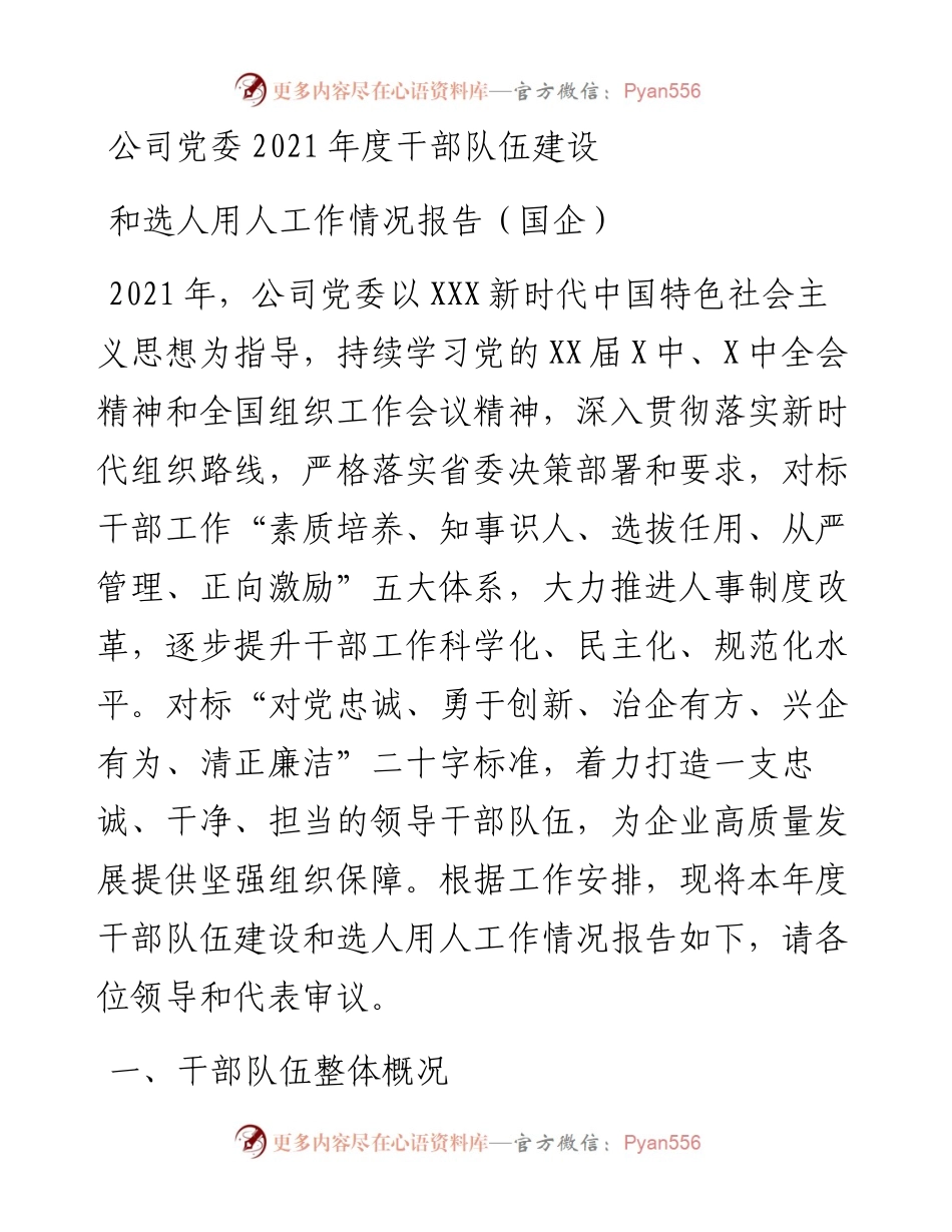 公司党委度干部队伍建设和选人用人工作情况报告.docx_第1页
