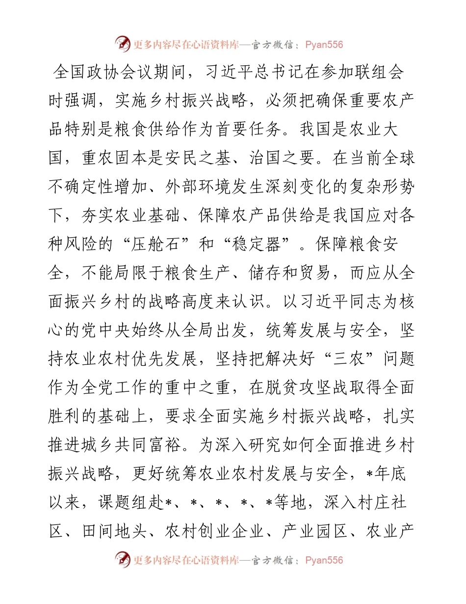 全面推动乡村振兴确保粮食安全调研报告.docx_第1页
