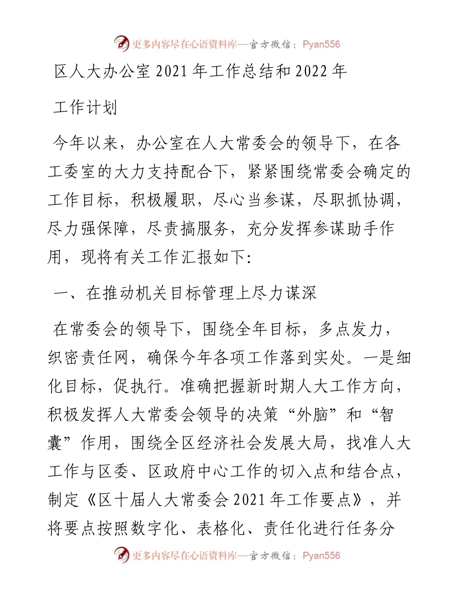 区人大办公室工作总结和工作计划.docx_第1页