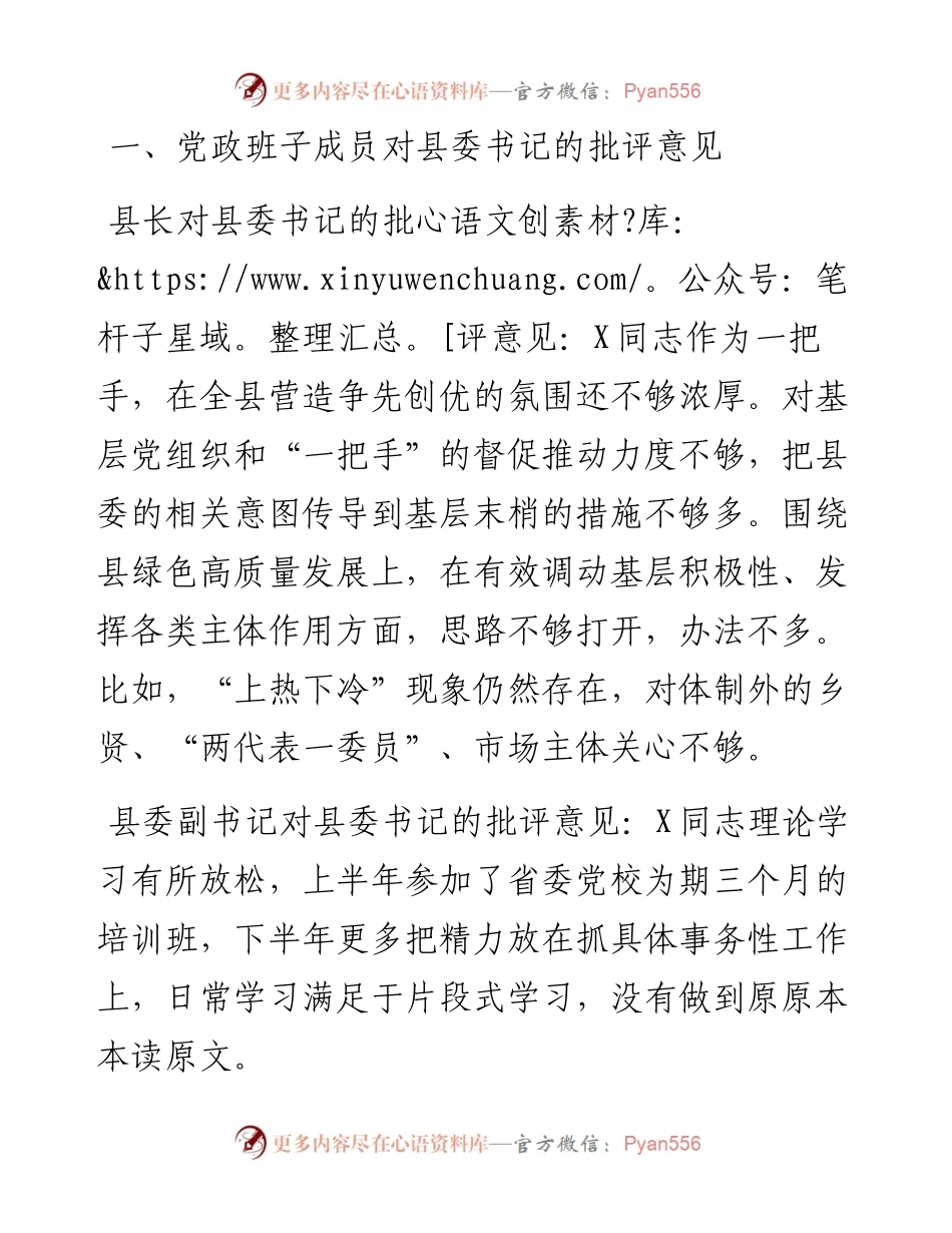 县党政班子成员在主题教育民主生活会上对县委书记、县长、县委副书记的批评意见.docx_第1页