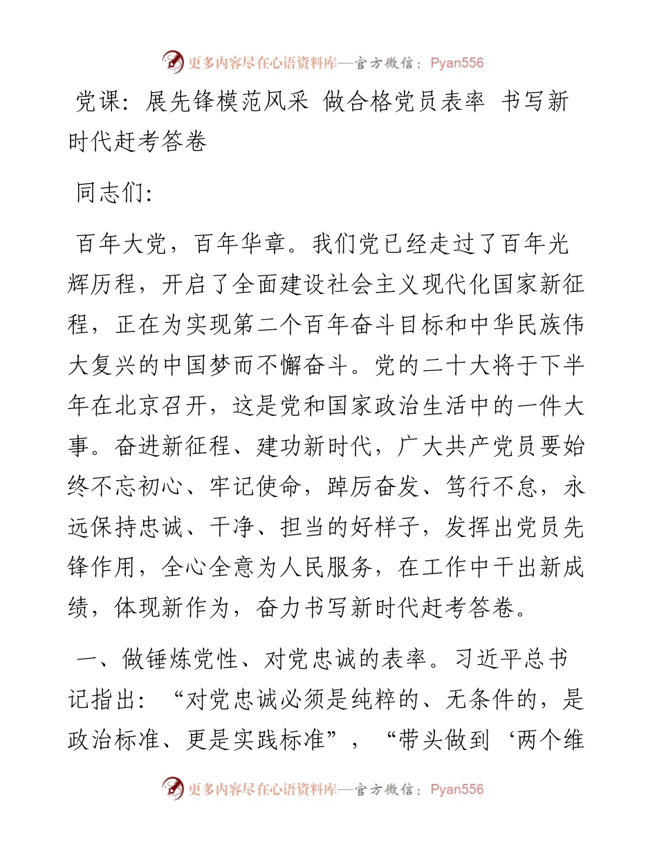党课：展先锋模范风采 做合格党员表率 书写新时代赶考答卷.docx_第1页