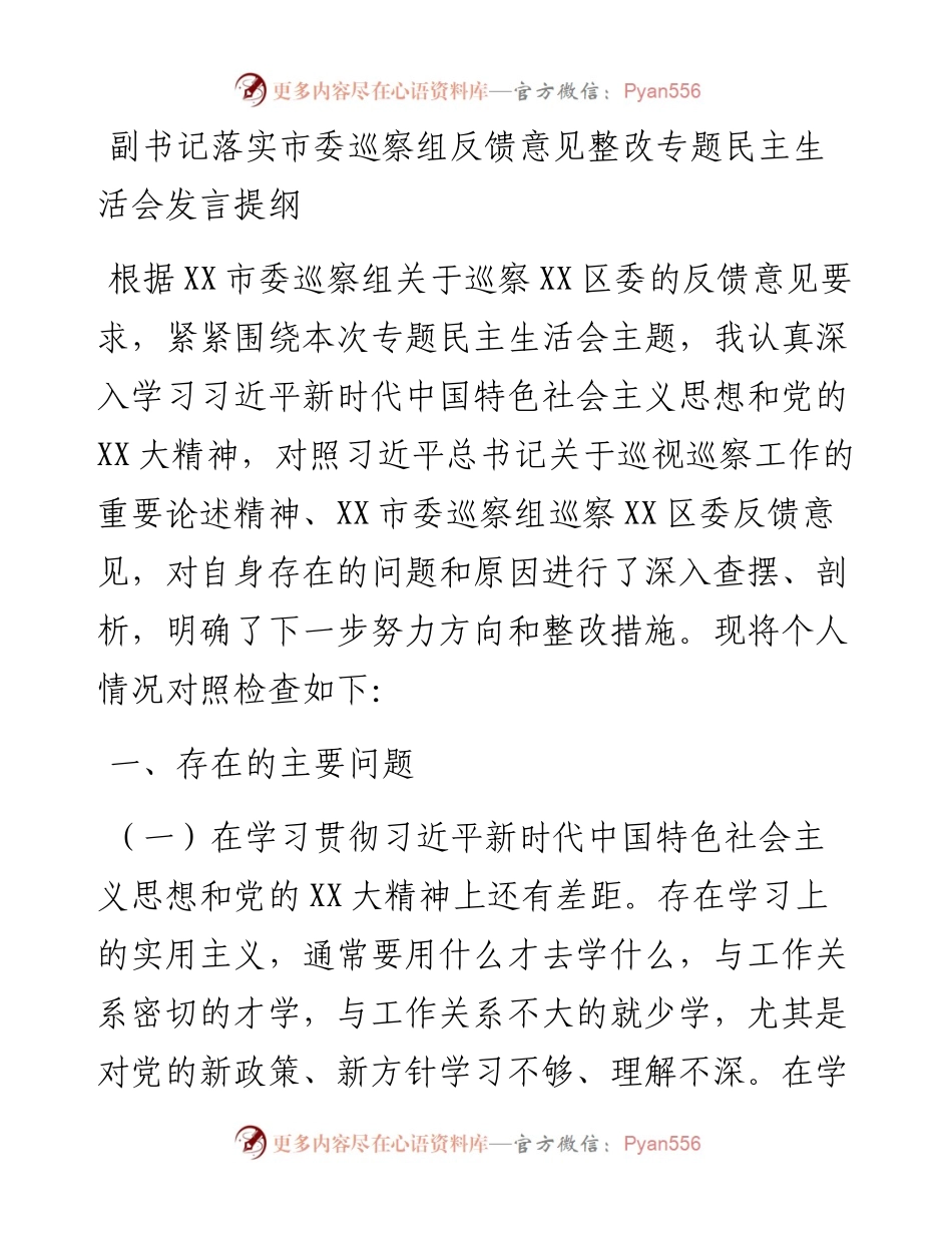 副书记落实市委巡察组反馈意见整改专题民主生活会发言提纲.docx_第1页