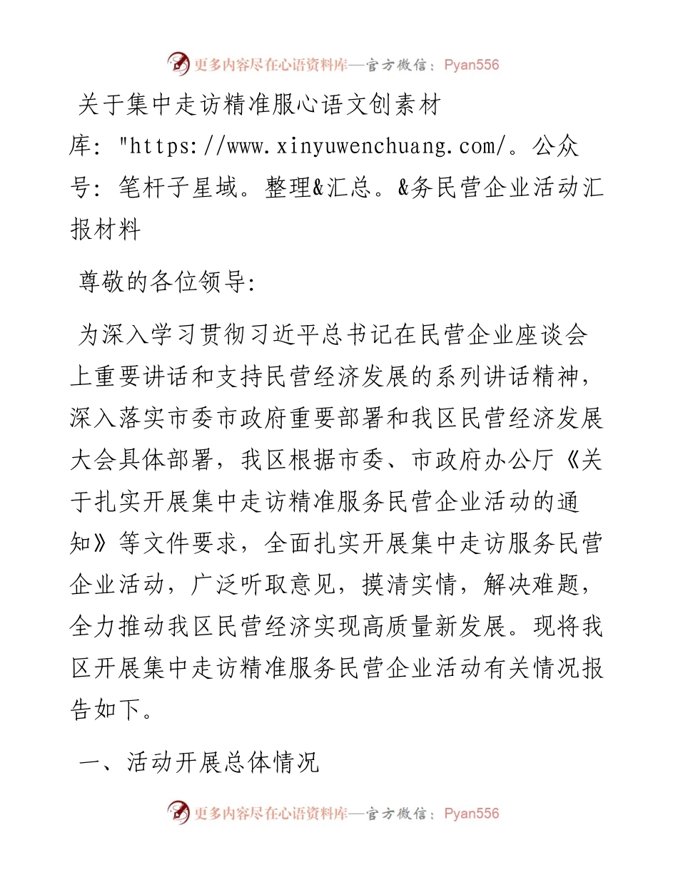 关于集中走访精准服务民营企业活动汇报材料.docx_第1页