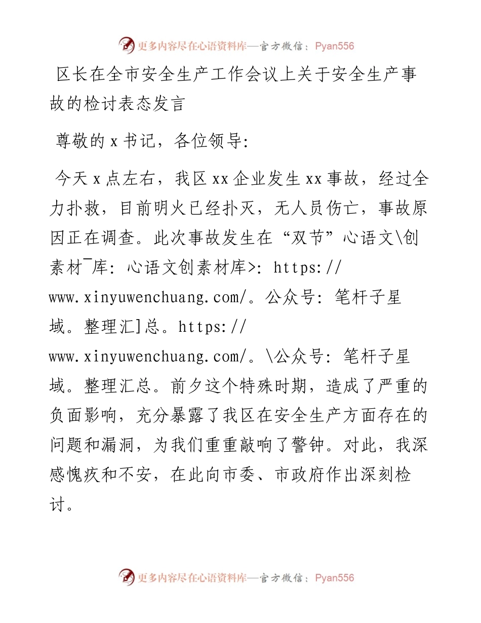 区长在全市安全生产工作会议上关于安全生产事故的检讨表态发言.docx_第1页