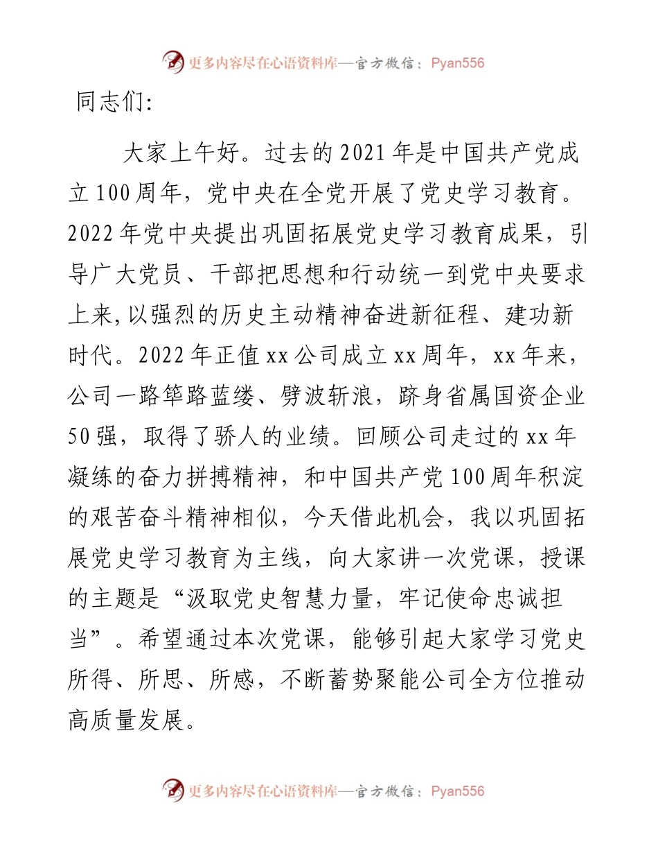 公司党委书记党课《汲取党史智慧力量 牢记使命忠诚担当》.docx_第1页