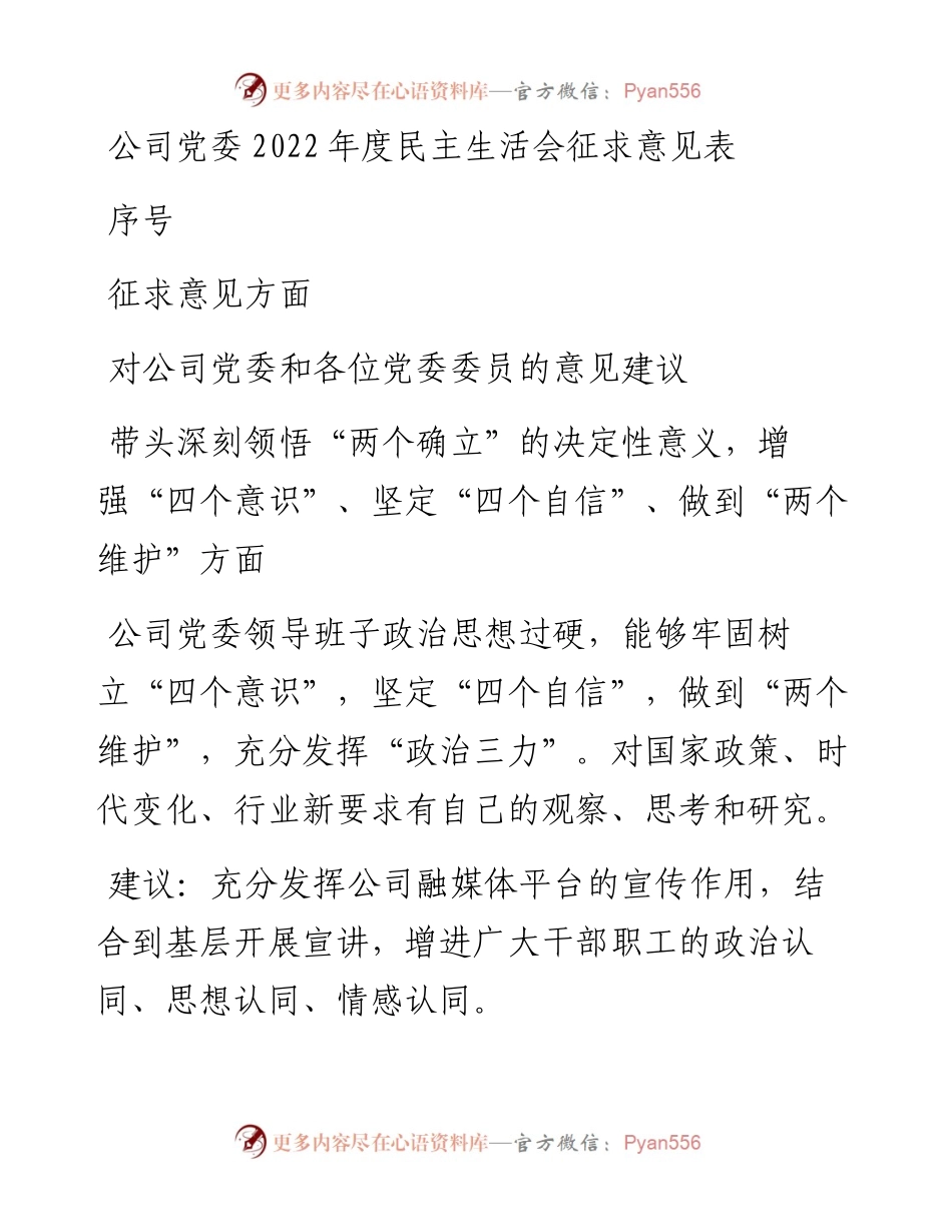 公司党委度民主生活会征求意见表.docx_第1页