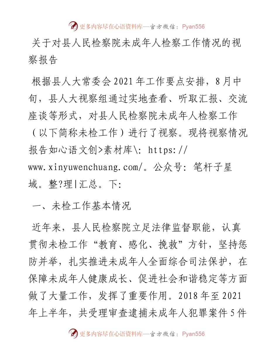 关于对县人民检察院未成年人检察工作情况的视察报告.docx_第1页