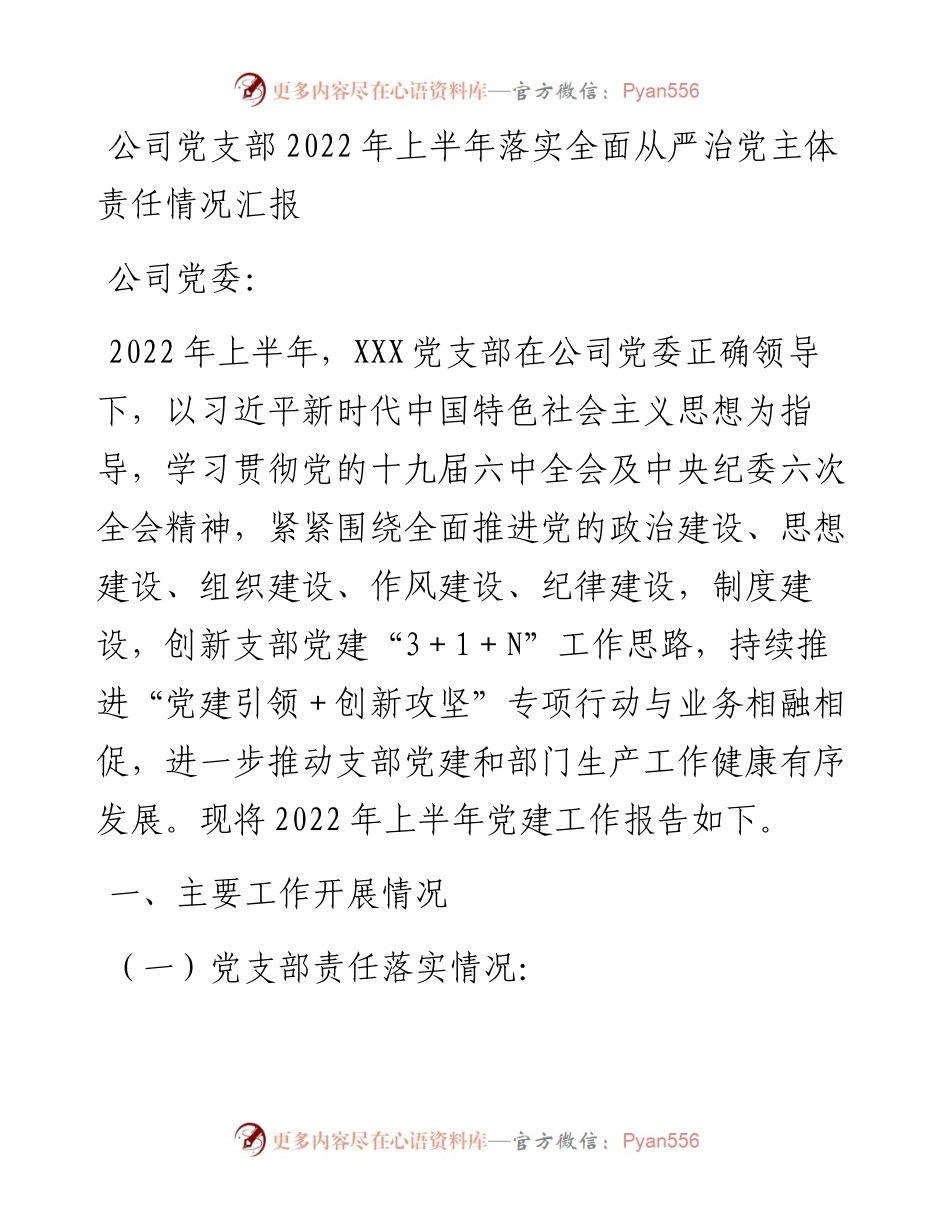 公司党支部上半年落实全面从严治党主体责任情况汇报.docx_第1页