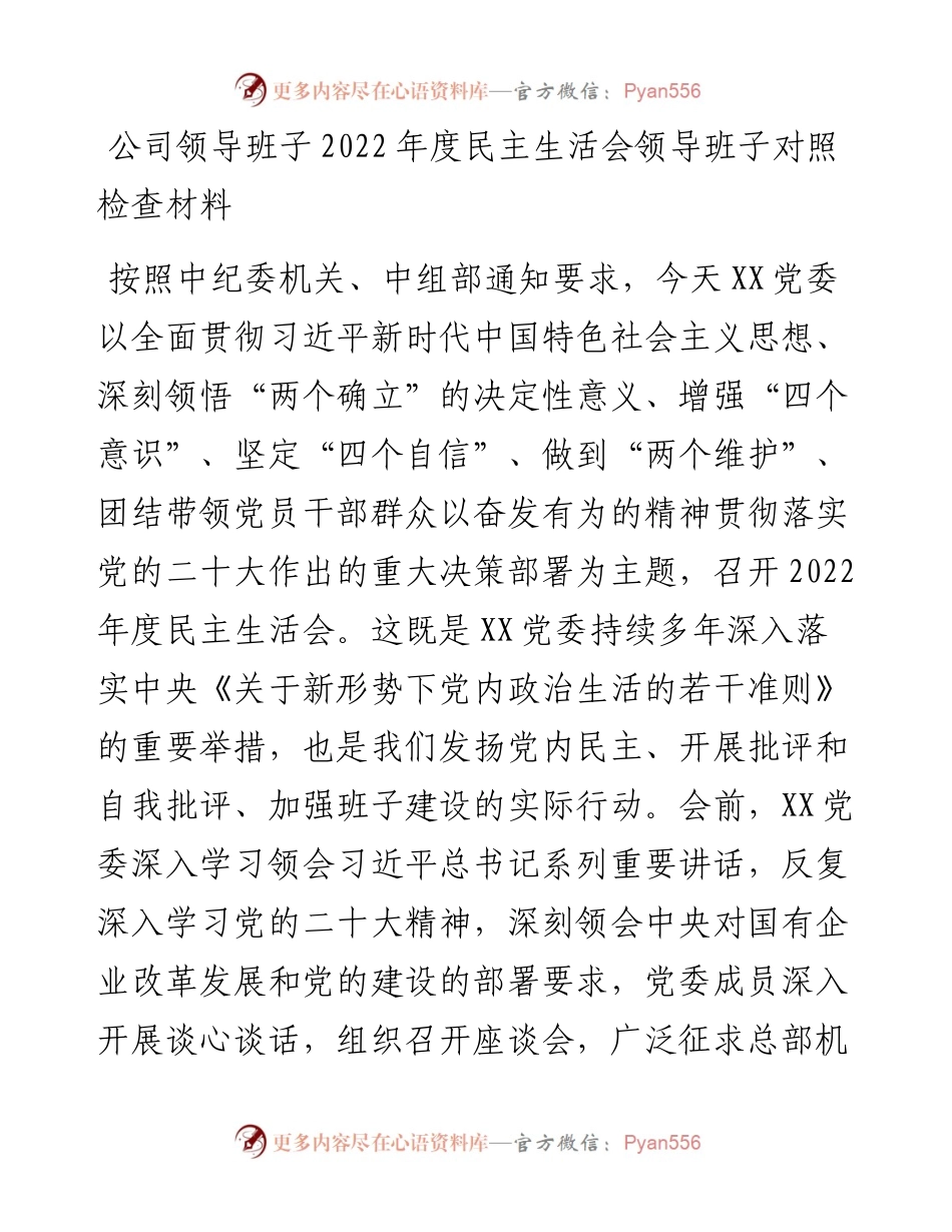 公司领导班子度民主生活会领导班子对照检查材料.docx_第1页