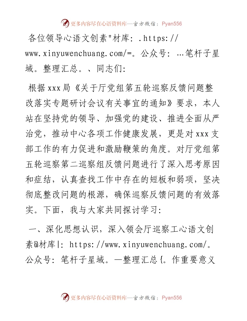 厅党组巡察反馈问题整改落实专题研讨会交流研讨材料.docx_第1页