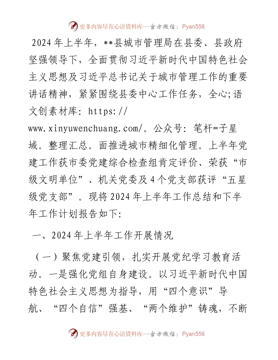 县城市管理局2024年上半年工作总结和下半年工作计划.docx_第1页