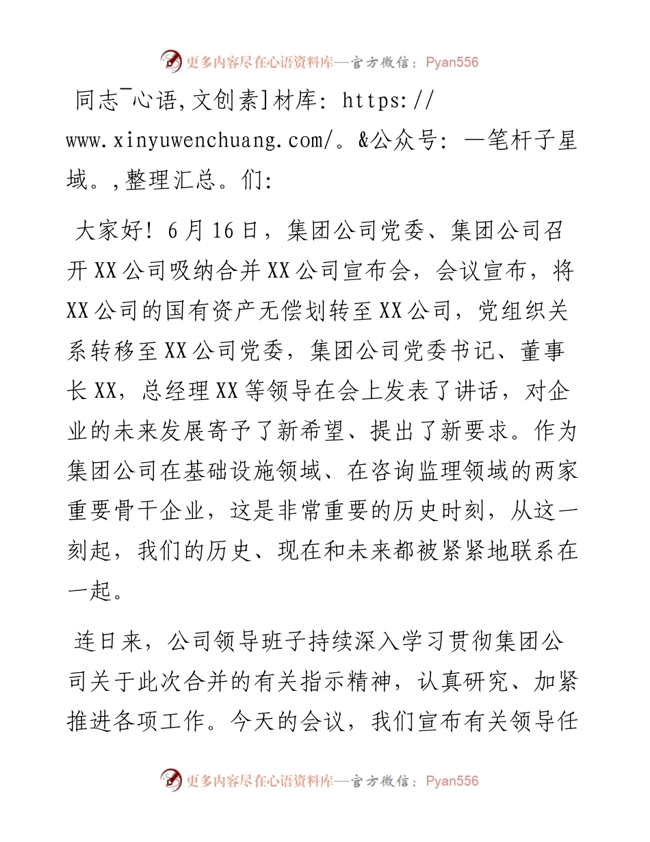公司董事长在企业合并大会上的讲话.docx_第1页