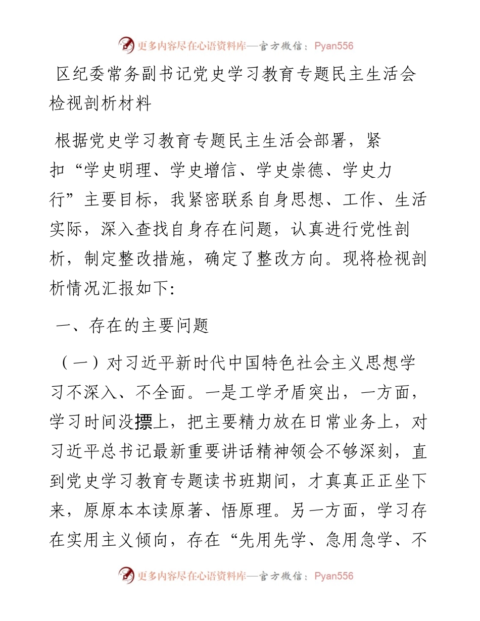 区纪委常务副书记党史学习教育专题民主生活会检视剖析材料.docx_第1页