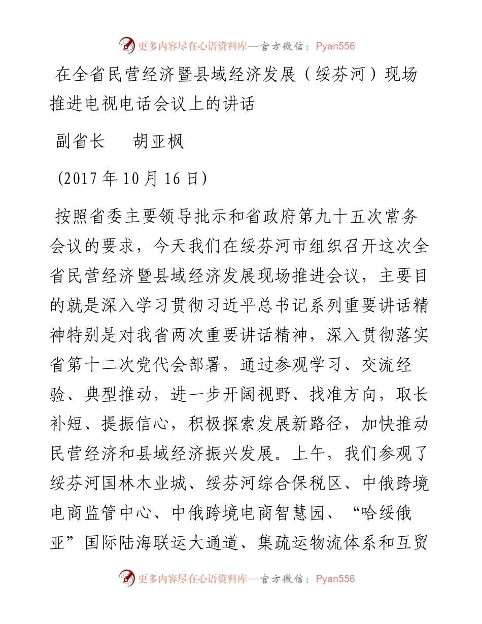 副省长在全省民营经济暨县域经济发展（绥芬河）现场推进电视电话会议上的讲话.docx_第1页