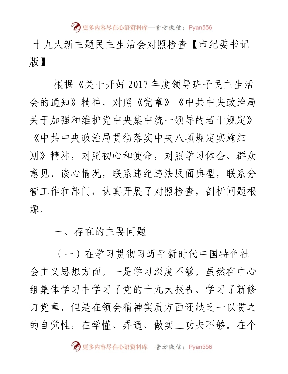 十九大新主题民主生活会对照检查.docx_第1页