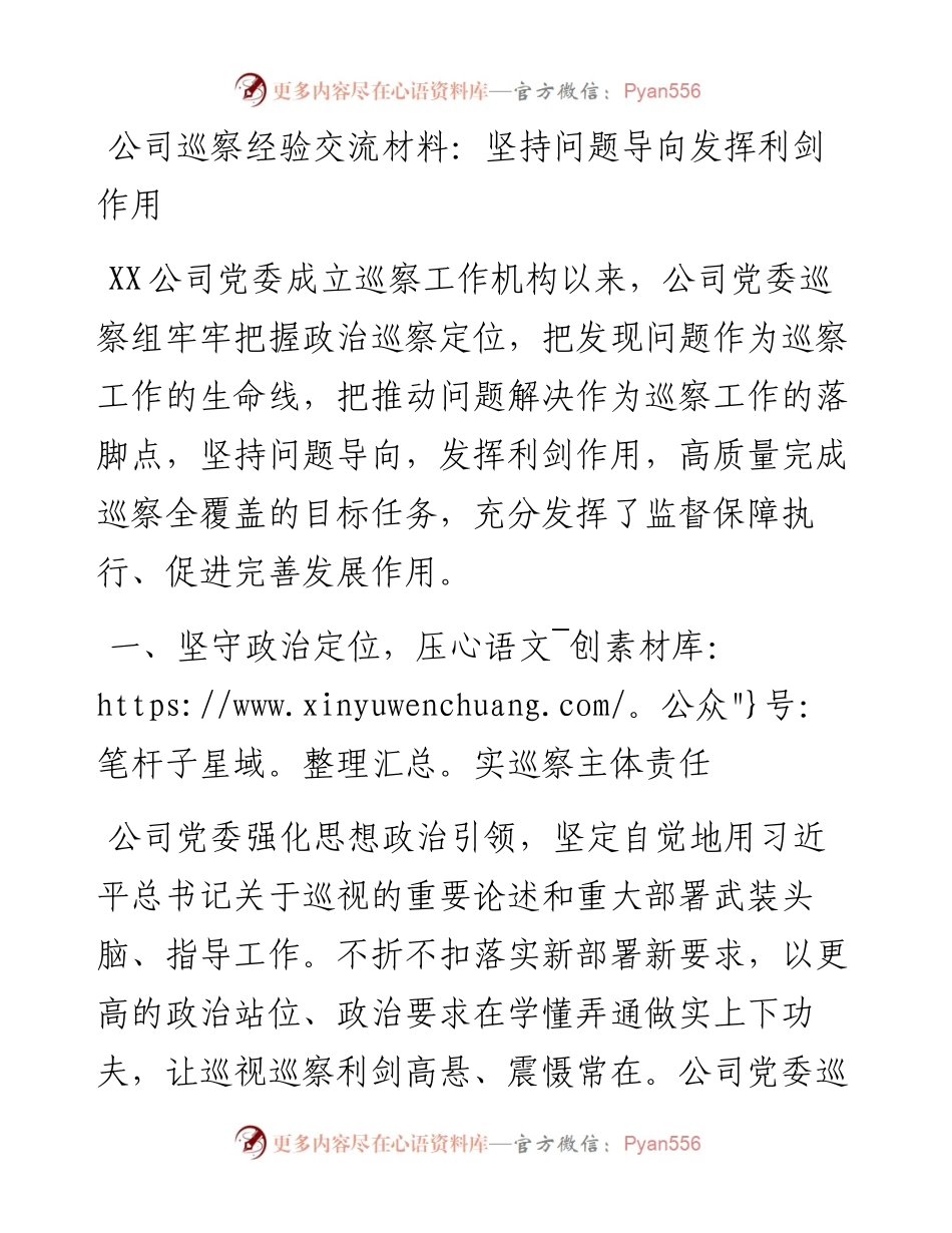公司巡察经验交流材料：坚持问题导向发挥利剑作用.docx_第1页